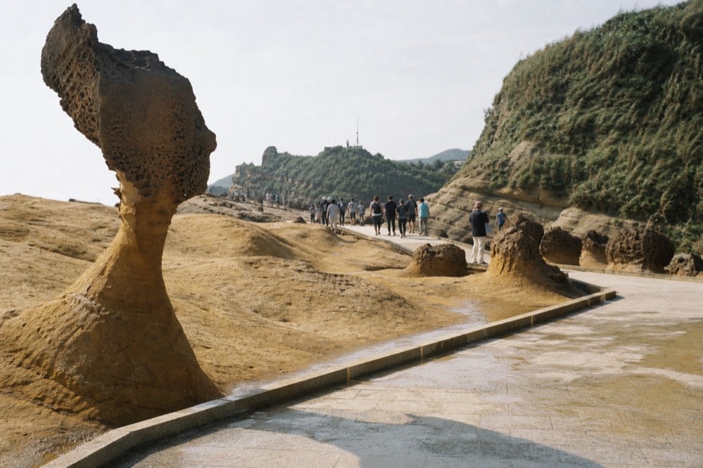 A tour group walking along a paved path between sandstone rock formations at a coastal park