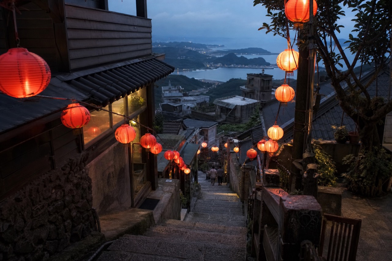 Red lanterns hung along a steep stone street of old teahouses on a hillside above the sea