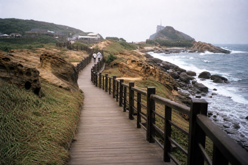 A boardwalk path curving across a windswept rock headland with waves breaking below