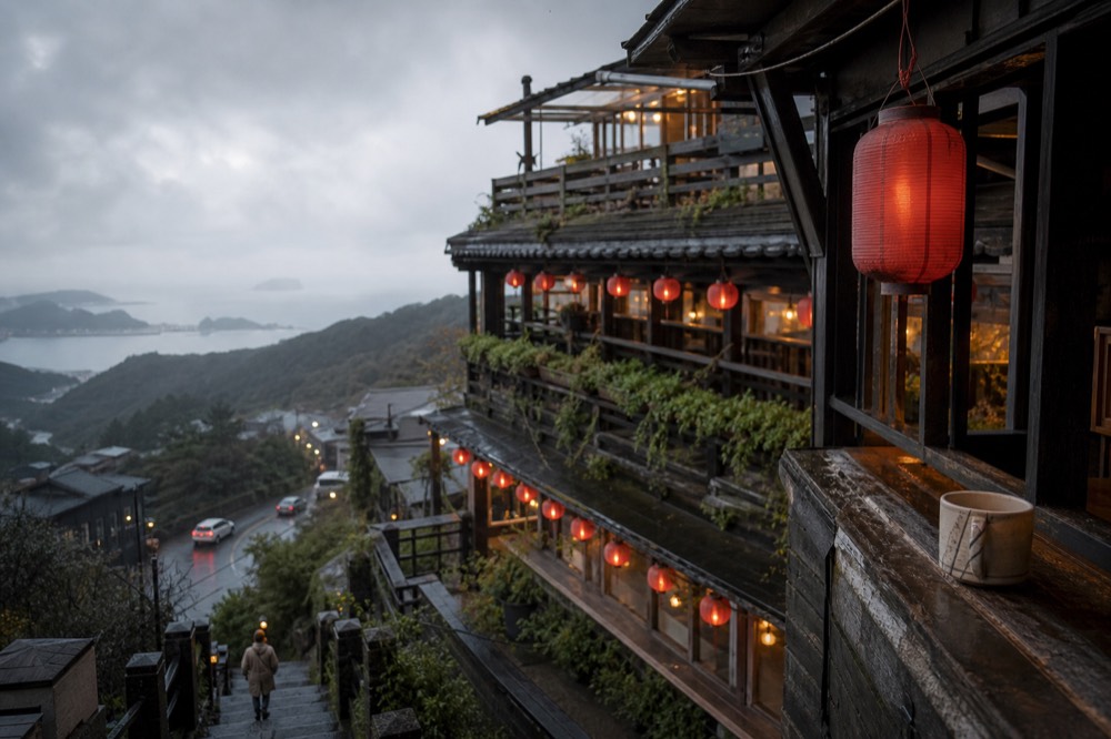Teahouse balconies stacked on a steep hillside above a misty coastline