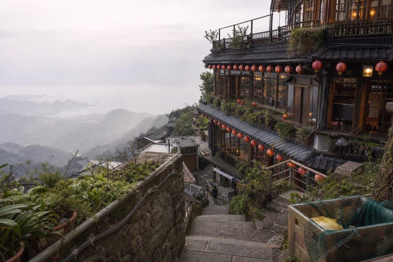Stone steps and red lanterns descending a hillside street above the sea in Jiufen