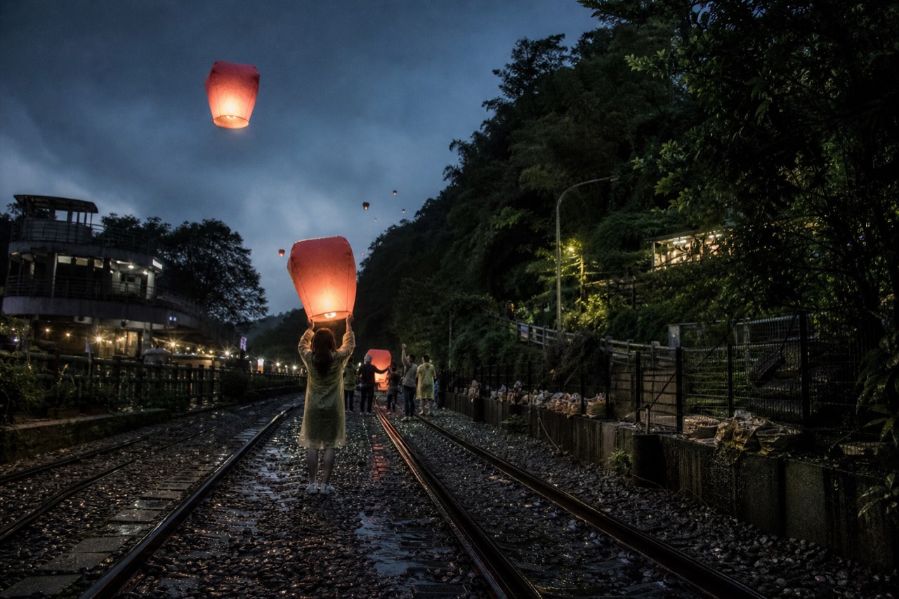 Sky lanterns rising above a narrow old street railway line between hills at dusk