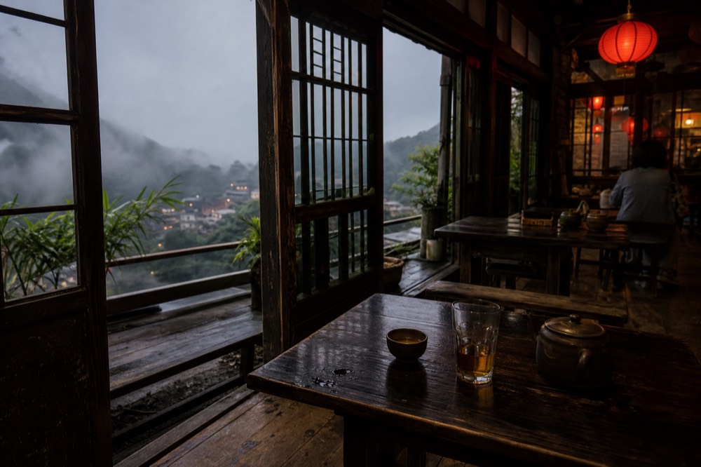 A wooden teahouse interior with low tables and tea sets lit by warm lantern light