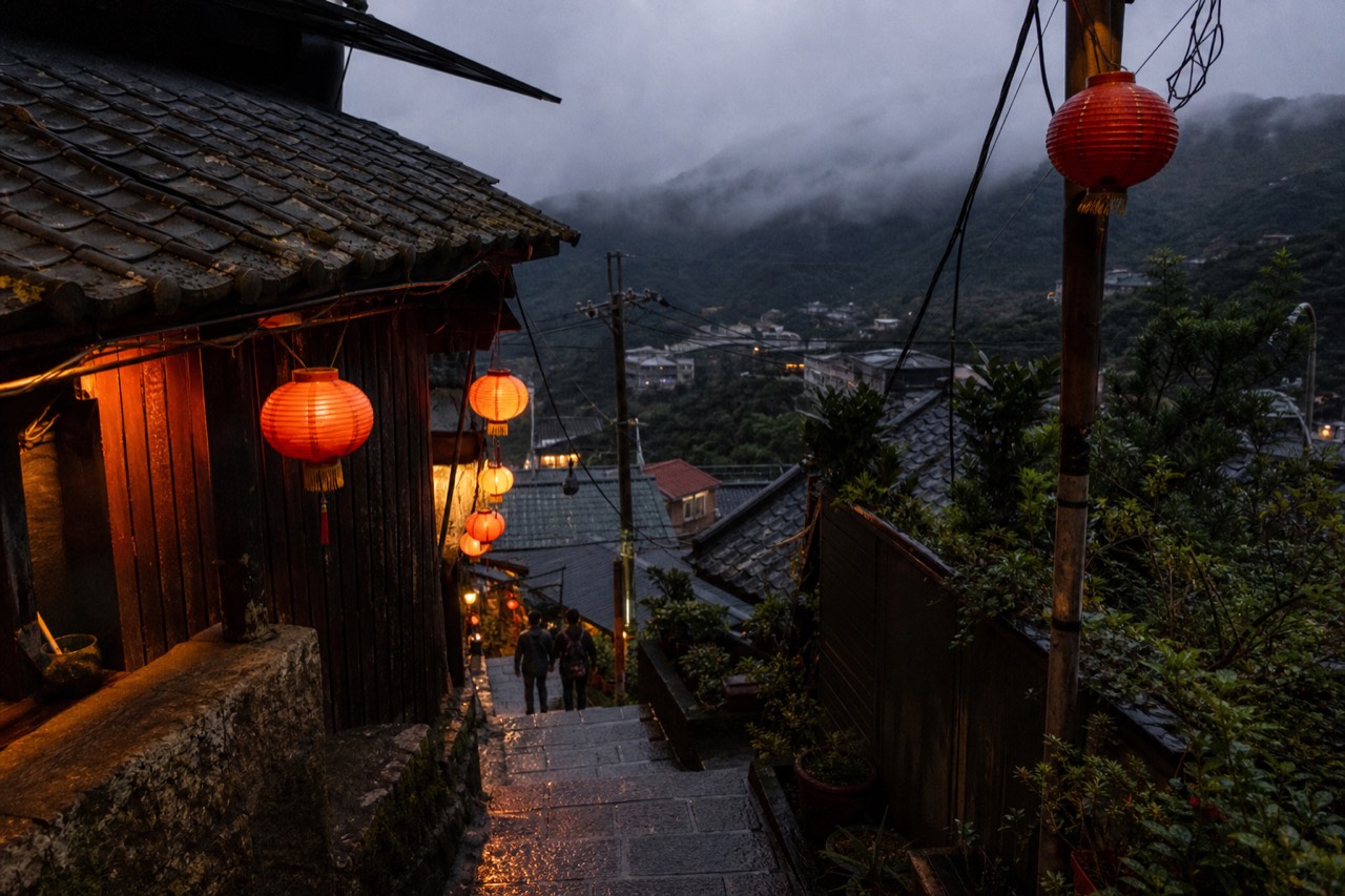 Red lanterns glowing along a narrow stone street of old teahouse buildings on a hillside at dusk