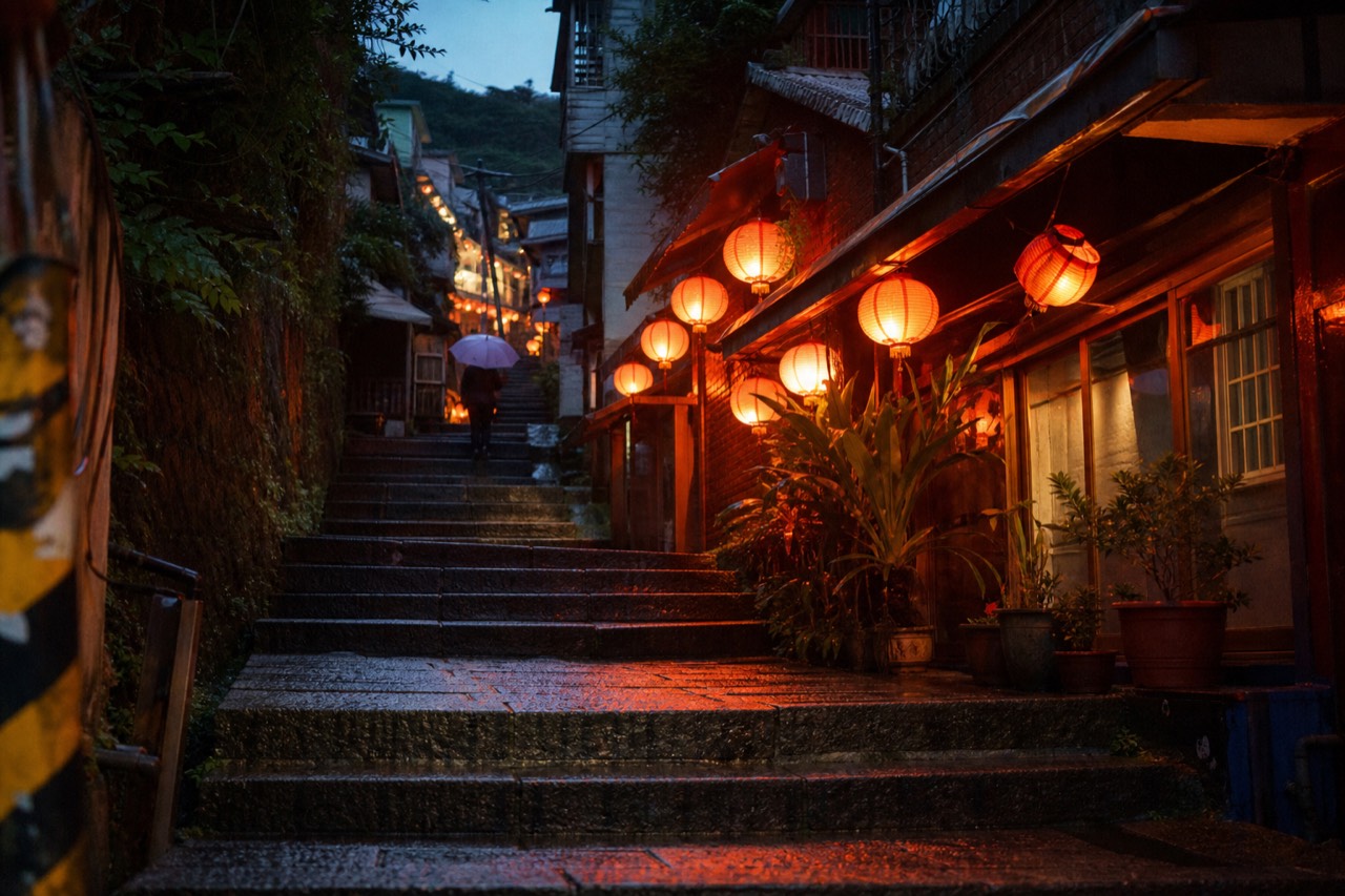 Lantern-lit stone steps of a hillside old street in Jiufen at dusk