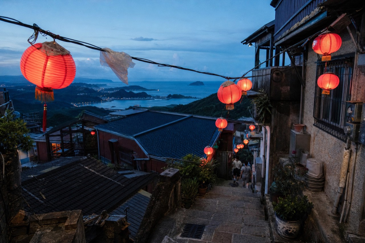 Red lanterns strung across a narrow stepped lane on a hillside above the sea at dusk