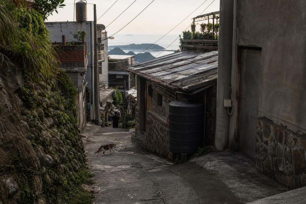A quiet lane of old buildings on a hillside above the sea