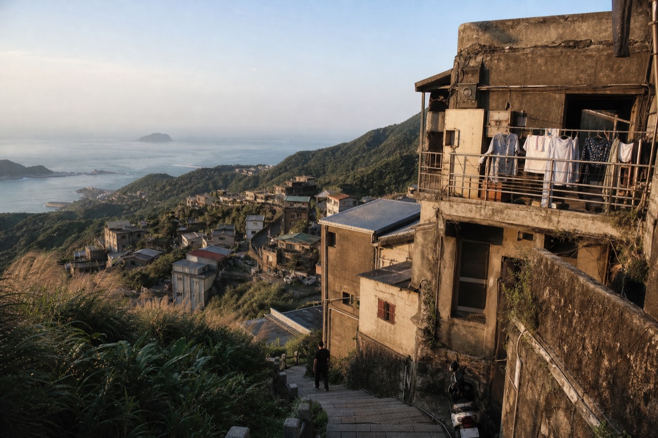 A hillside mining village with dark stone buildings above a valley on Taiwan's northeast coast