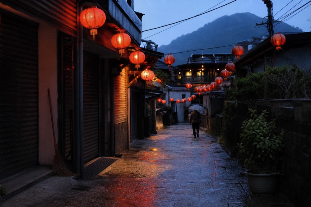 A quiet lane in Jiufen after rain, with wet cobblestones reflecting red lantern light