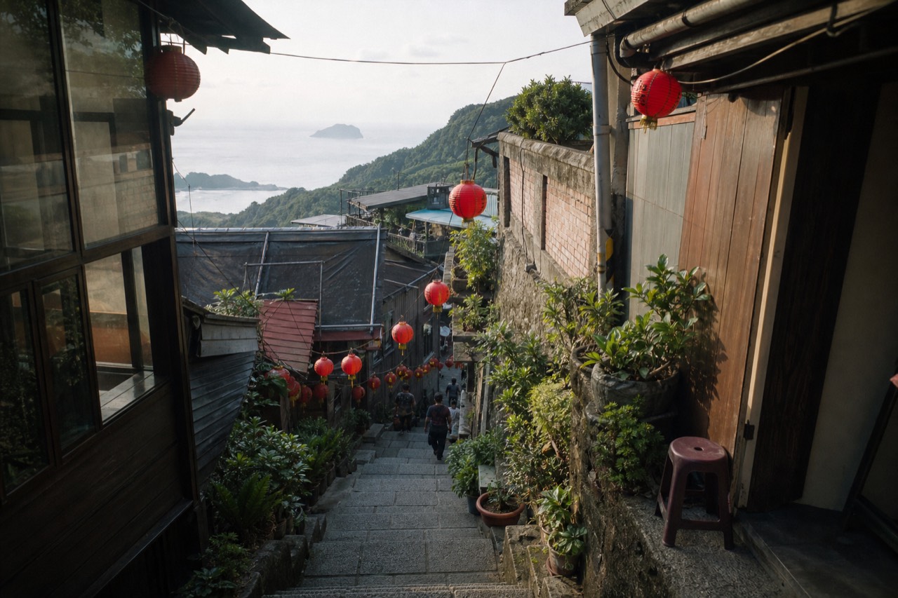 Red lanterns hanging over a narrow stone street of old teahouses on a hillside above the sea