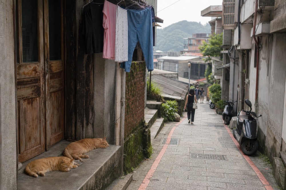 A level narrow lane between old weathered buildings with cats sleeping on doorsteps