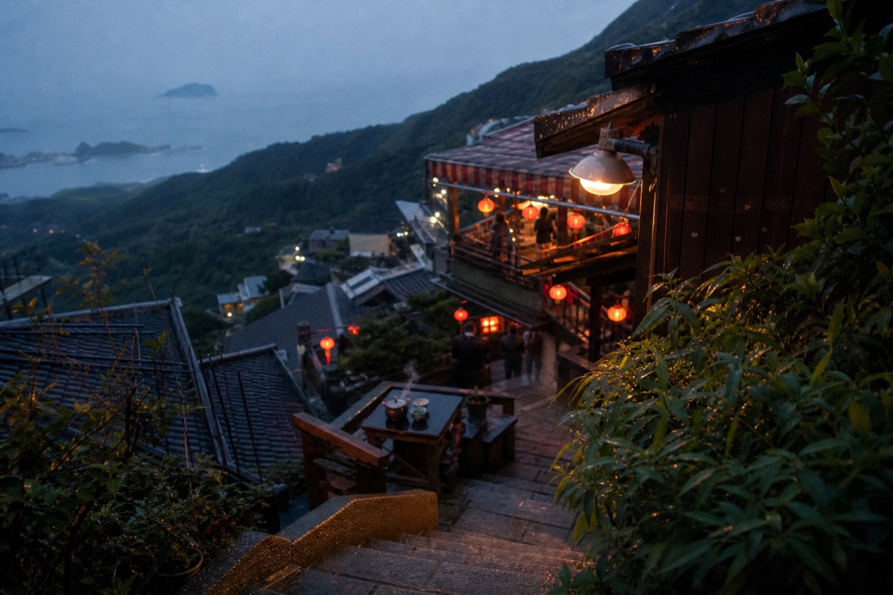 Teahouse terraces with red lanterns overlooking the coast at dusk