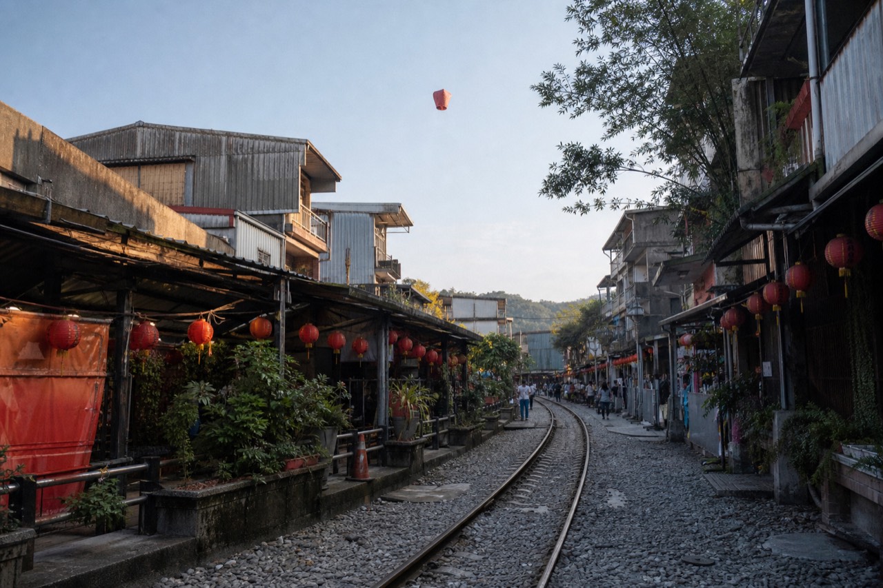 A narrow street in a Taiwanese mountain town with railway tracks running down the middle and red lanterns hanging from shopfronts