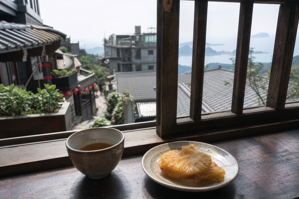 A cup of tea and a small snack on a wooden table in a hillside teahouse