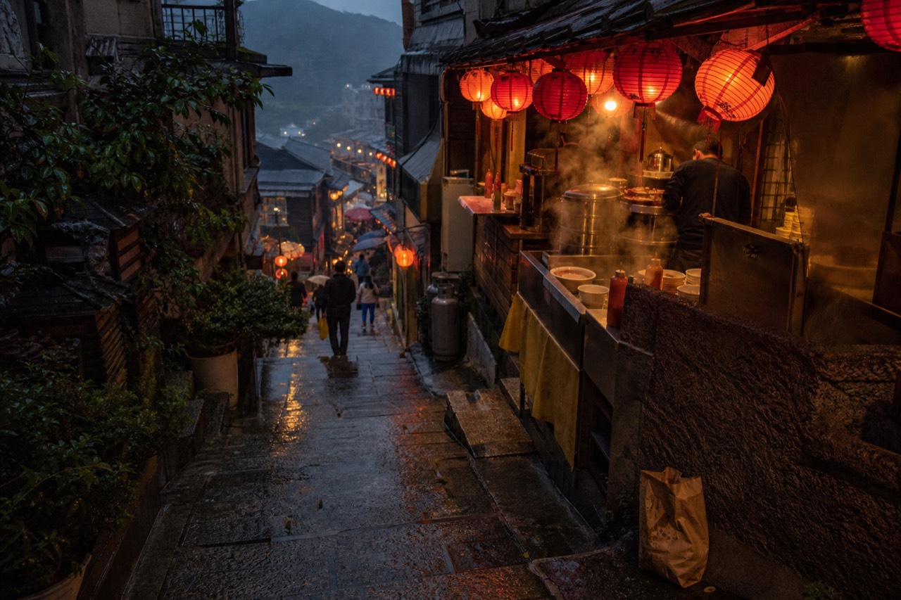 A narrow, lantern-lit alley in Jiufen with food stalls and visitors.