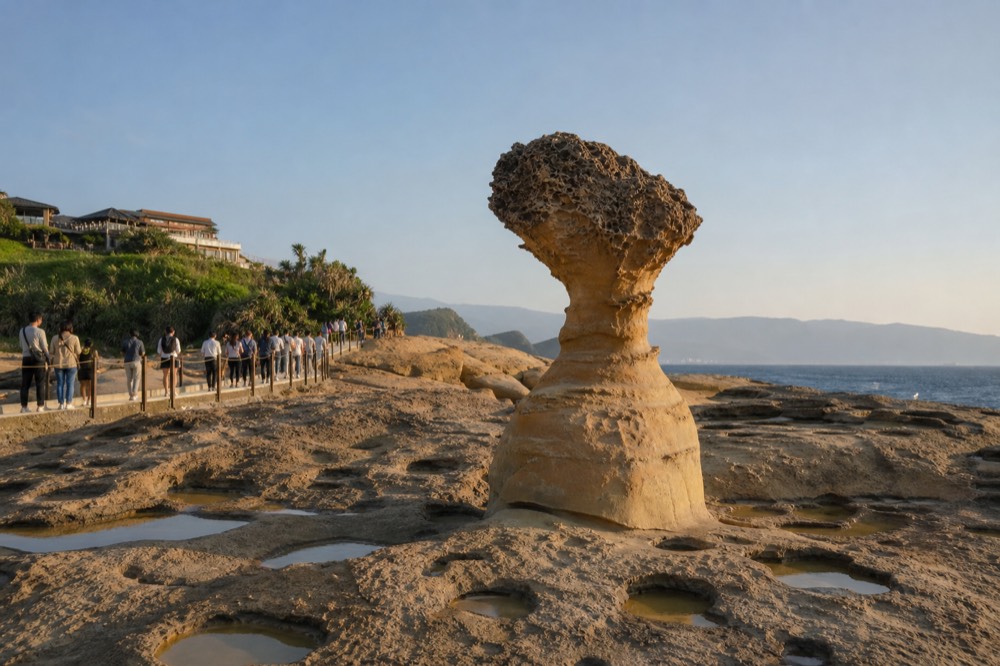 Slender mushroom rock formation with a narrow eroded neck standing above a coastal platform