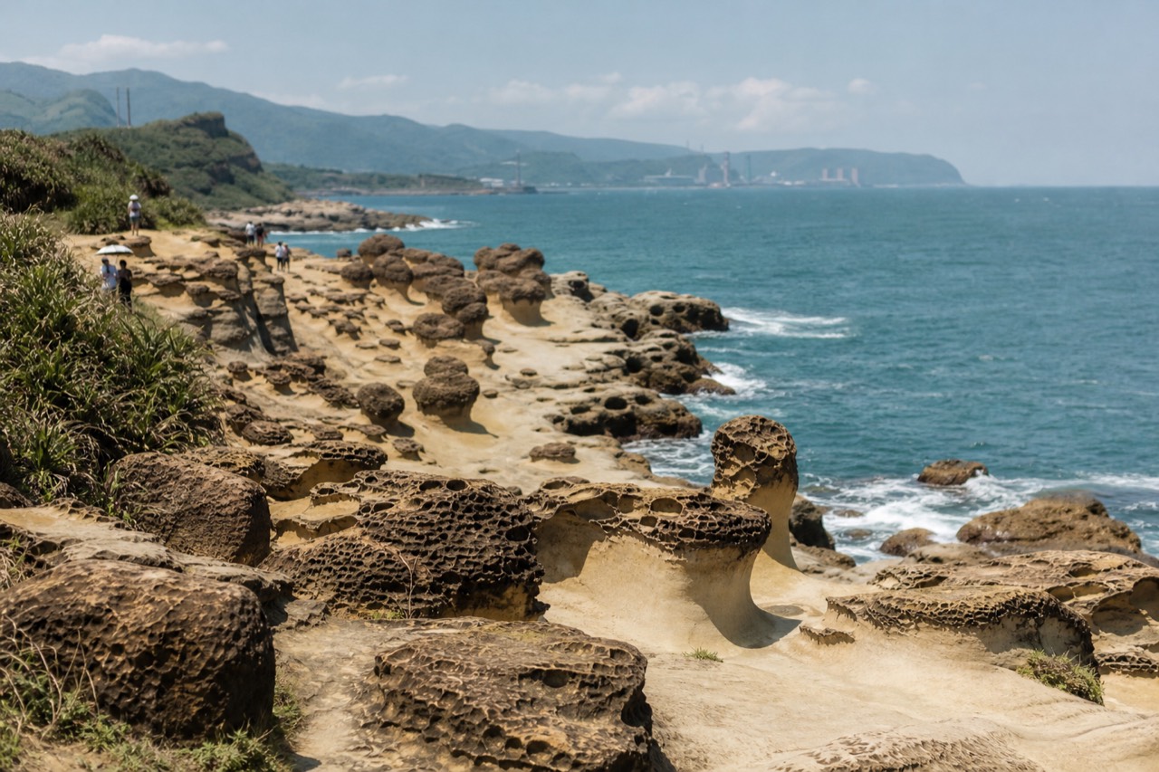 Weathered sandstone rock formations on a headland reaching into the sea