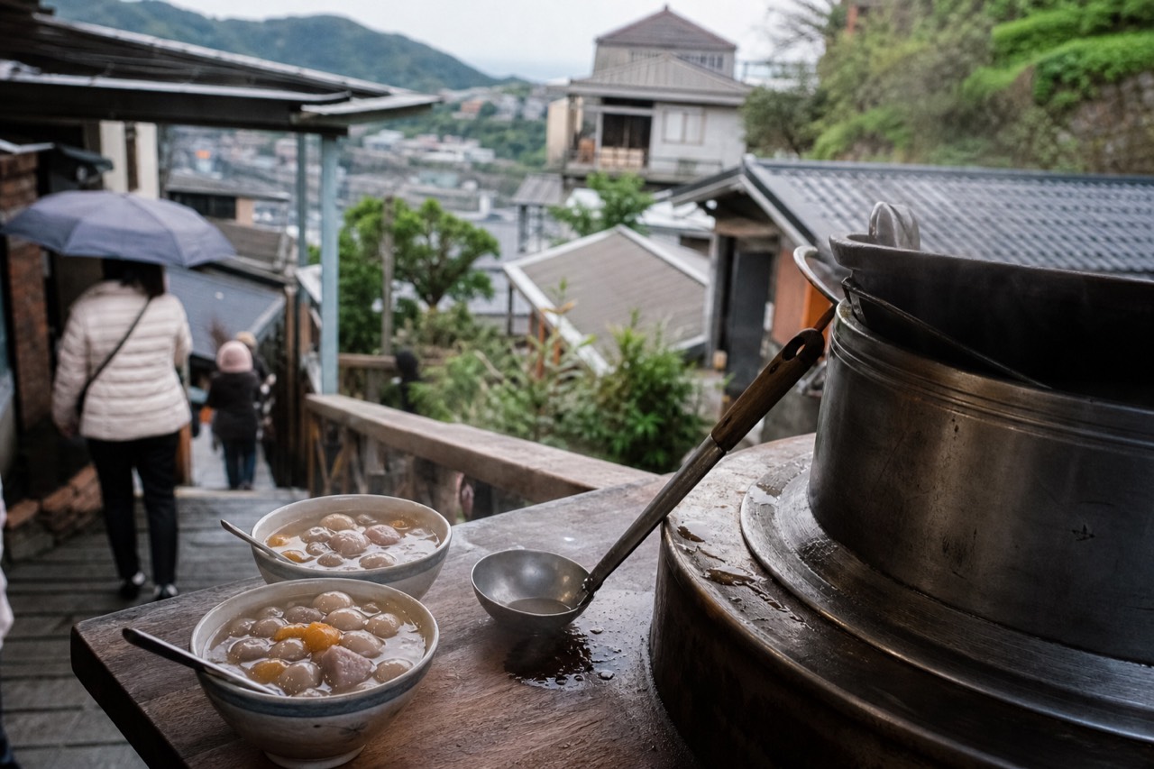 Taro ball desserts in bowls on a wooden counter at a Jiufen food stall, steam rising from a pot nearby