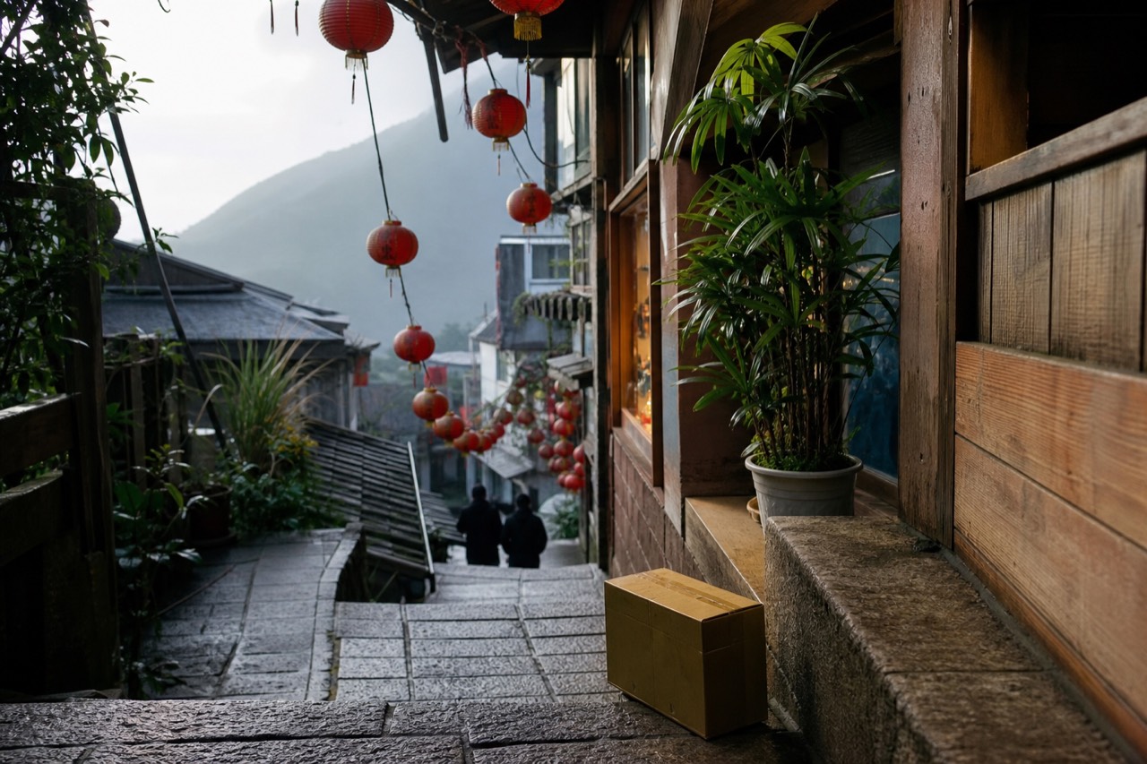 A curved stone stairway in Jiufen with lanterns strung overhead and shopfronts glowing along the lane